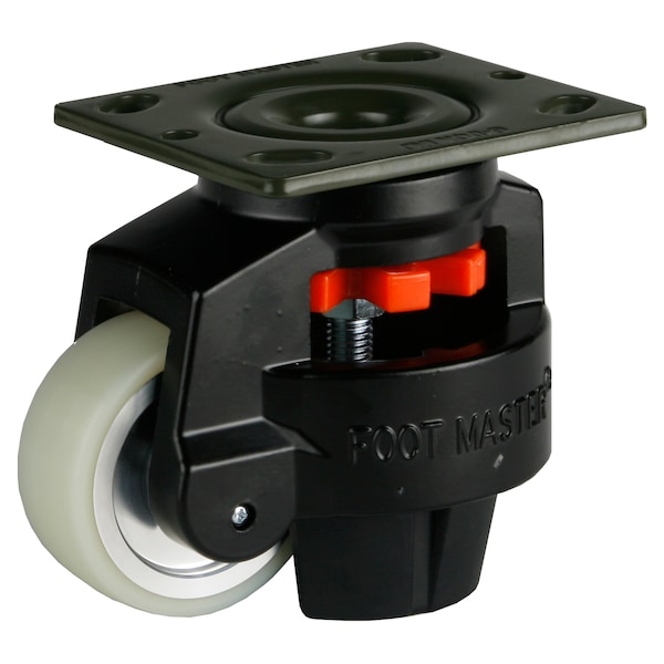 Leveling Caster, 75 mm Polyurethane Wheel, 4 x 4-1/2 Plate, Swivel, 800 kg Cap, NBR Foot Pad, Black